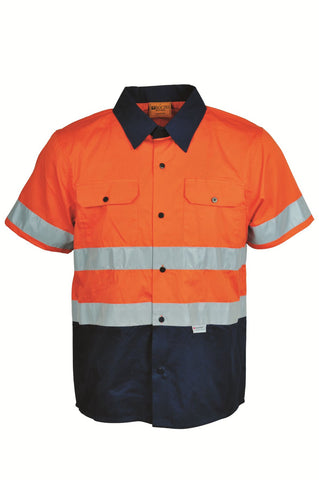 Unisex Adults Hi-Vis S/S Cotton Drill Shirt With Reflective Tape in Orange/Navy