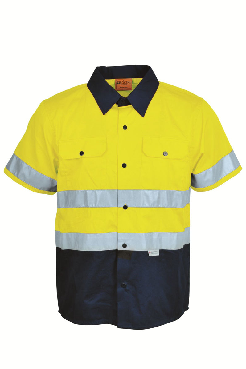 Unisex Adults Hi-Vis S/S Cotton Drill Shirt With Reflective Tape in Yellow/Navy