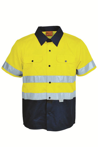 Unisex Adults Hi-Vis S/S Cotton Drill Shirt With Reflective Tape in Yellow/Navy