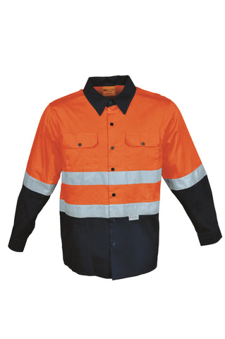Unisex Adults Hi-Vis L/S Cotton Drill Shirt With Reflective Tape in Orange/Navy
