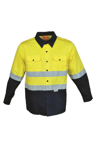 Unisex Adults Hi-Vis L/S Cotton Drill Shirt With Reflective Tape in Yellow/Navy