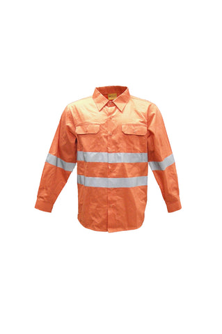 Unisex Adults Hi-Vis L/S Cotton Drill Shirt With Reflective Tape in Orange