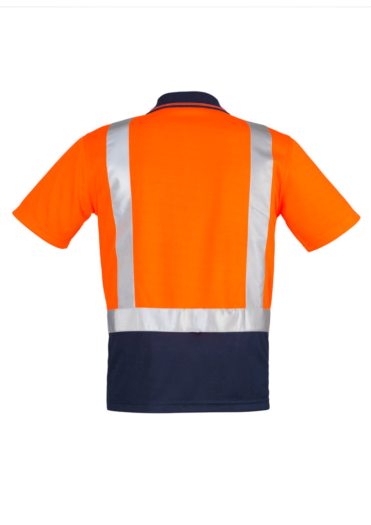 Mens Hi Vis Spliced Short Sleeve Polo - Shoulder Taped Orange/Navy back view