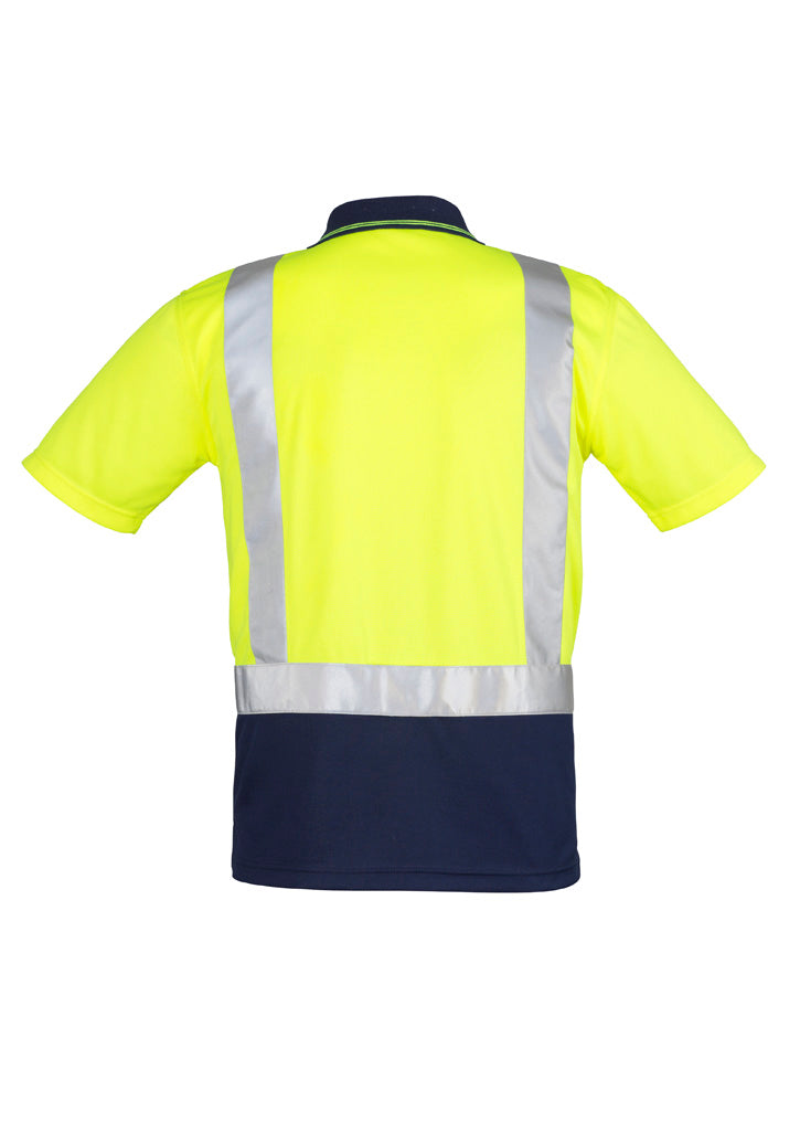 Mens Hi Vis Spliced Short Sleeve Polo - Shoulder Taped Yellow/Navy back view