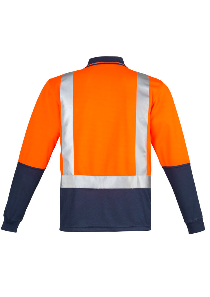 Mens Hi Vis Spliced Long Sleeve Polo - Shoulder Taped Orange/Navy back view