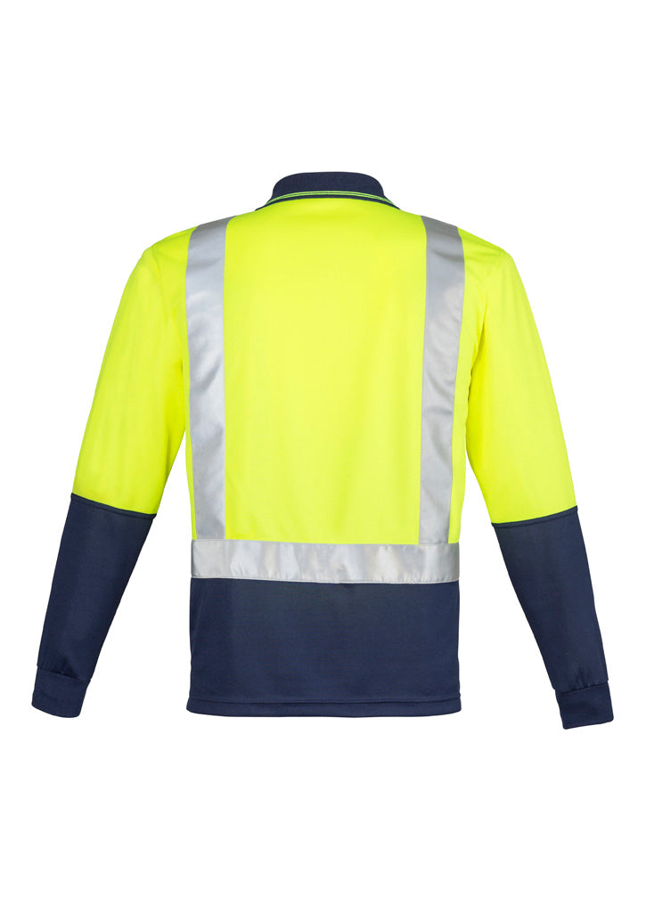Mens Hi Vis Spliced Long Sleeve Polo - Shoulder Taped Yellow/Navy back view