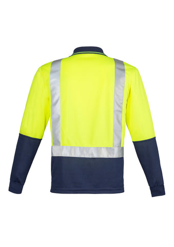 Mens Hi Vis Spliced Long Sleeve Polo - Shoulder Taped Yellow/Navy back view