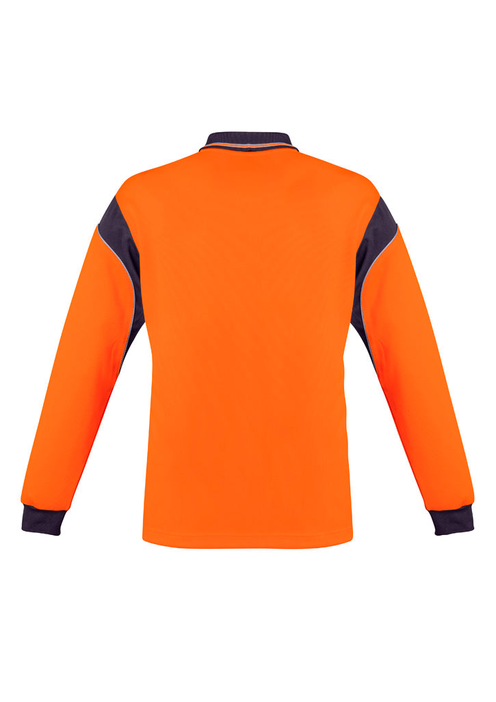 Mens Hi Vis Aztec Long Sleeve Polo Orange/Navy back view