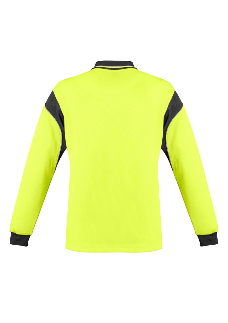 Mens Hi Vis Aztec Long Sleeve Polo Yellow/Charcoal back view