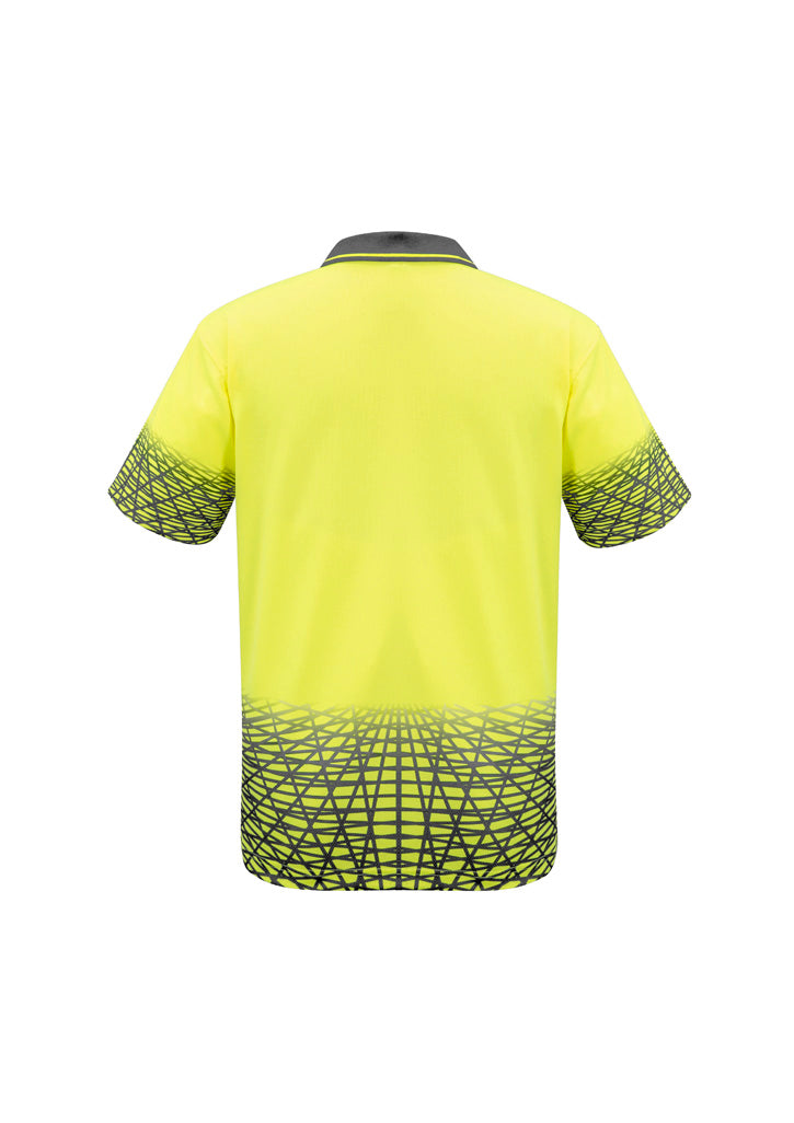 Mens Hi Vis Tracks Short Sleeve Polo Yellow/Charcoal back view