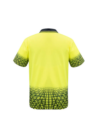 Mens Hi Vis Tracks Short Sleeve Polo Yellow/Navy back view