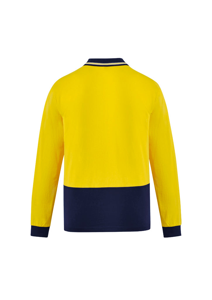 Mens Hi Vis Cotton Long Sleeve Polo Yellow/Navy back view