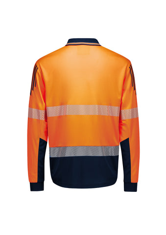 Mens Hi Vis Flux Segmented Tape Long Sleeve Polo Orange/Navy back view