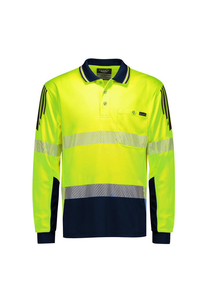 Mens Hi Vis Flux Segmented Tape Long Sleeve Polo Yellow/Navy front view