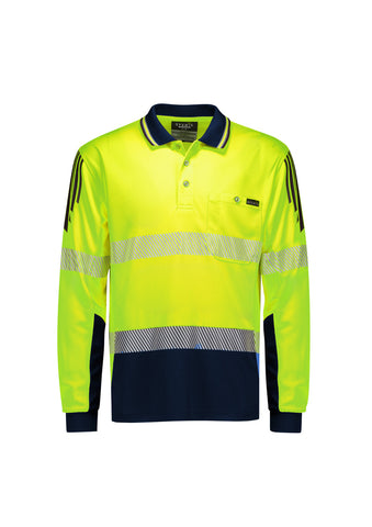 Mens Hi Vis Flux Segmented Tape Long Sleeve Polo Yellow/Navy front view