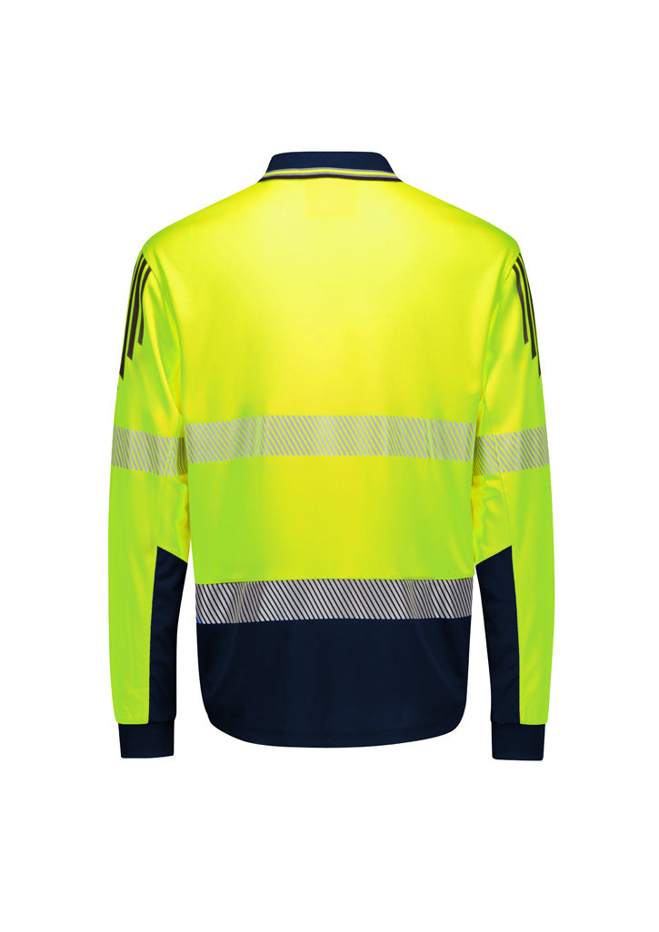 Mens Hi Vis Flux Segmented Tape Long Sleeve Polo Yellow/Navy back view