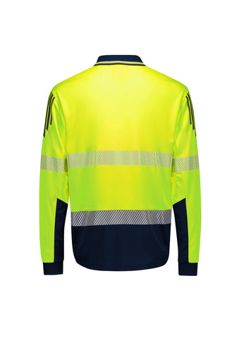Mens Hi Vis Flux Segmented Tape Long Sleeve Polo Yellow/Navy back view