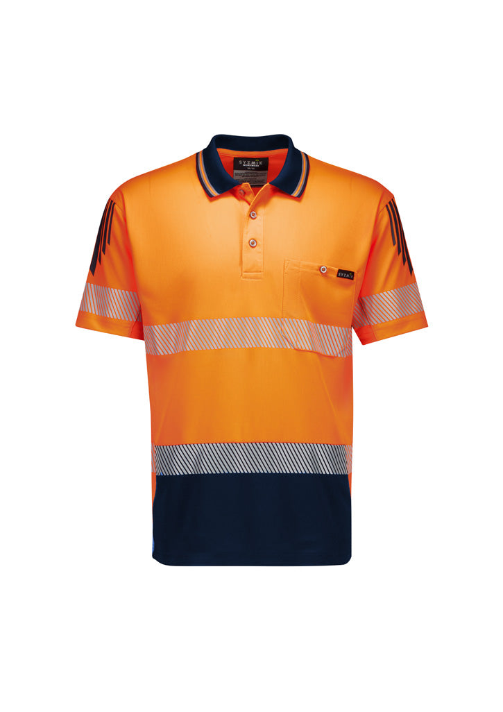 Mens Hi Vis Flux Segmented Tape Short Sleeve Polo Orange/Navy front view