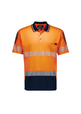 Mens Hi Vis Flux Segmented Tape Short Sleeve Polo Orange/Navy front view