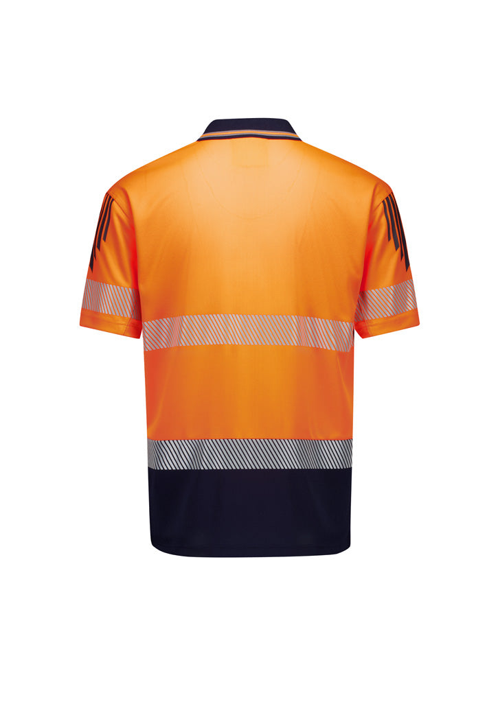 Mens Hi Vis Flux Segmented Tape Short Sleeve Polo Orange/Navy back view