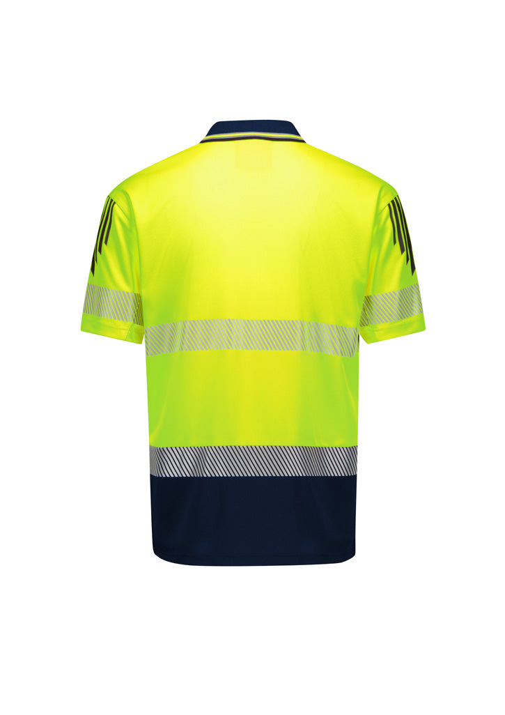 Mens Hi Vis Flux Segmented Tape Short Sleeve Polo Yellow/Navy back view