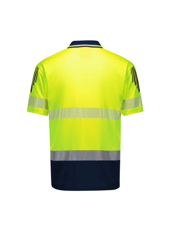 Mens Hi Vis Flux Segmented Tape Short Sleeve Polo Yellow/Navy back view