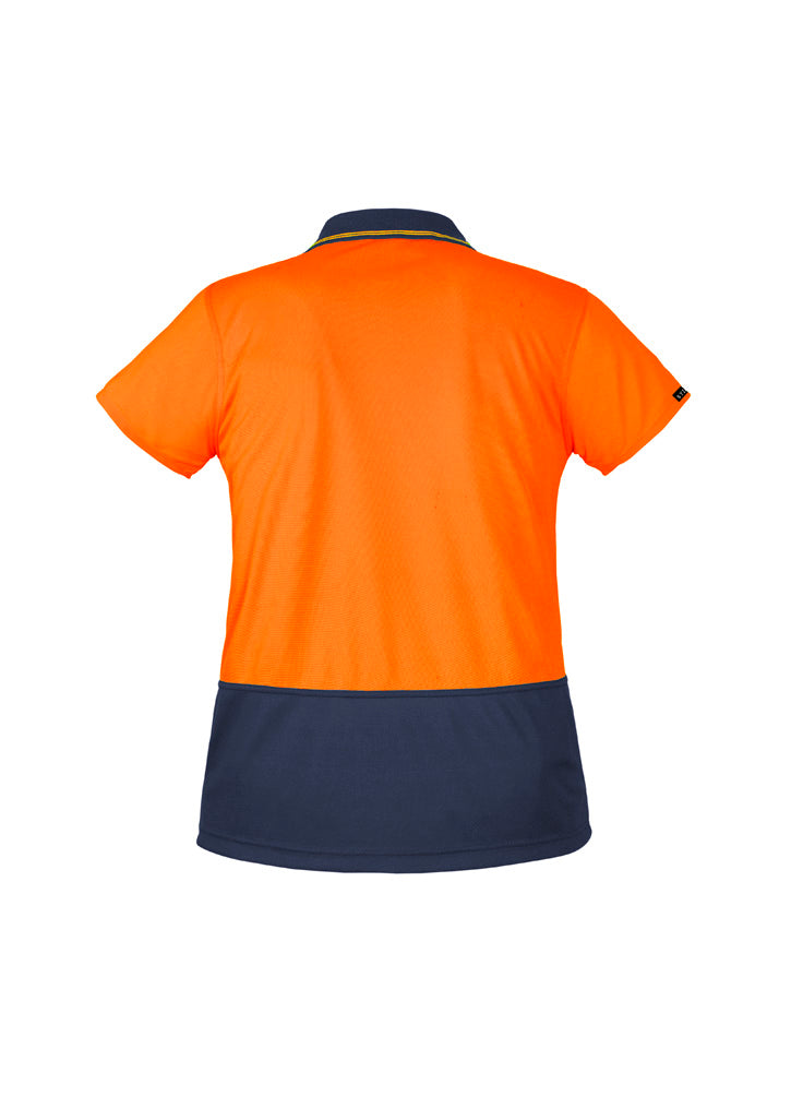 Womens Hi Vis Basic Short Sleeve Polo Orange/Navy back view