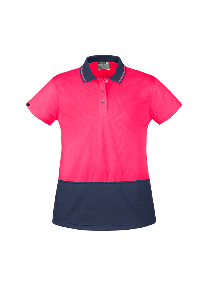 Womens Hi Vis Basic Short Sleeve Polo Pink/Navy front view
