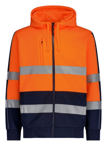 Unisex Hi Vis Full Zip Stretch Taped Hoodie in Orange/Navy