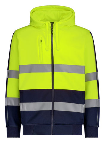 Unisex Hi Vis Full Zip Stretch Taped Hoodie Yellow/Navy front view