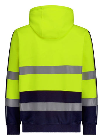 Unisex Hi Vis Full Zip Stretch Taped Hoodie Yellow/Navy back view