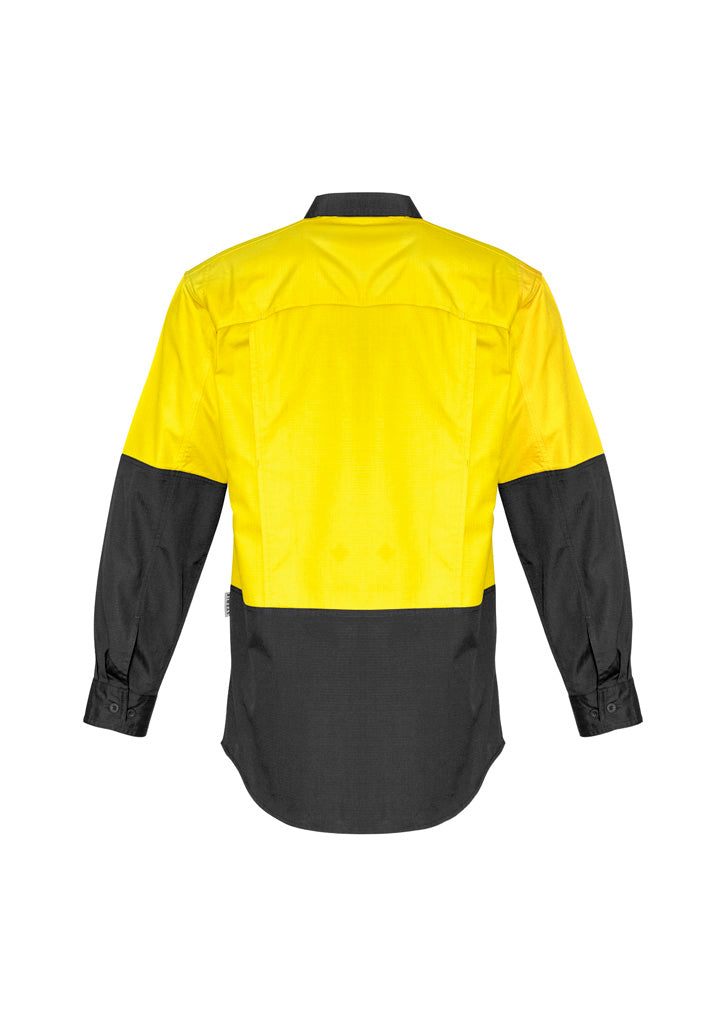 Mens Rugged Cooling Hi Vis Long Sleeve Shirt Yellow/Charcoal back view