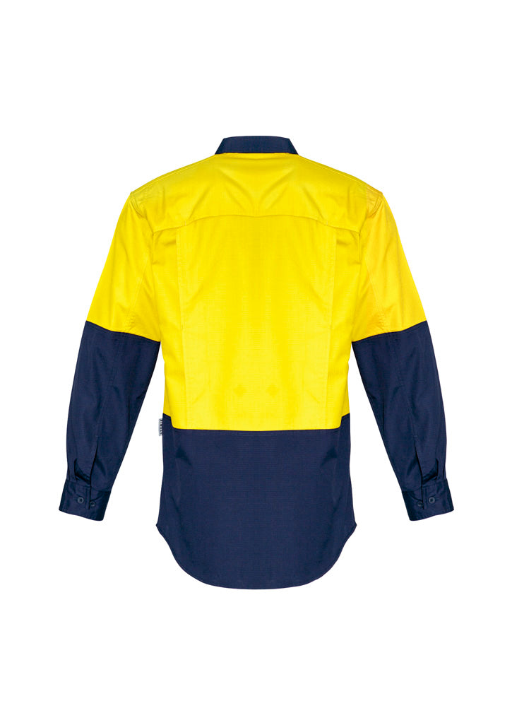 Mens Rugged Cooling Hi Vis Long Sleeve Shirt Yellow/Navy back view
