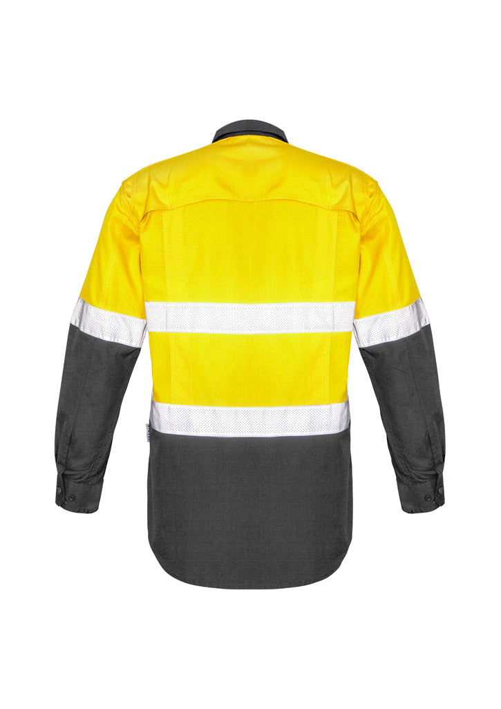 Mens Rugged Cooling Hi Vis Taped Long Sleeve Shirt Yellow/Charcoal back view