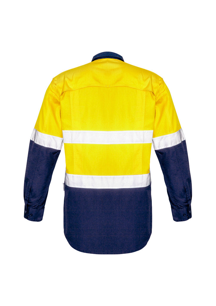 Mens Rugged Cooling Hi Vis Taped Long Sleeve Shirt Yellow/Navy back view