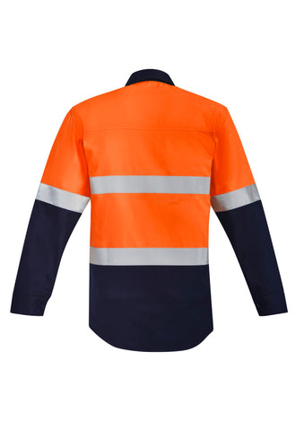 Mens Orange Flame Hi Vis Open Front Spliced Shirt - Hoop Taped Orange/Navy back view