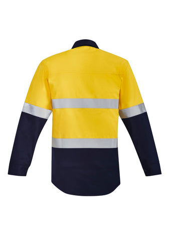 Mens Orange Flame Hi Vis Open Front Spliced Shirt - Hoop Taped Yellow/Navy back view
