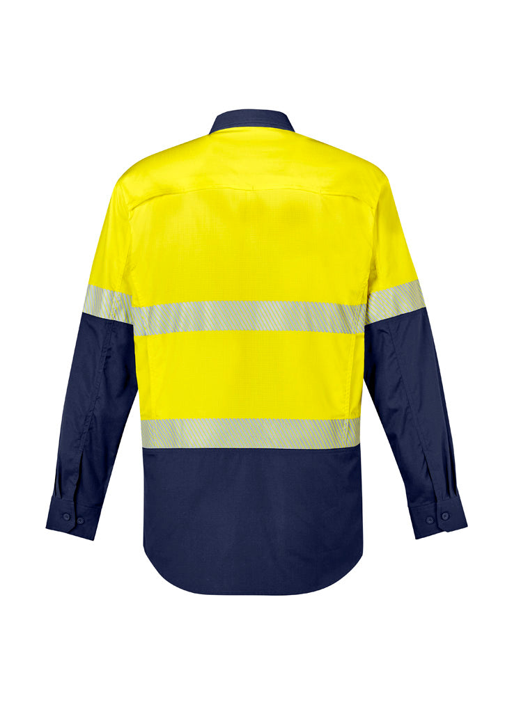 Mens Rugged Cooling Hi Vis Segmented Tape Long Sleeve Shirt Yellow/Navy back view
