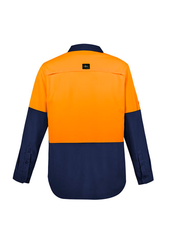 Mens Hi Vis Outdoor Long Sleeve Shirt Orange/Navy back view