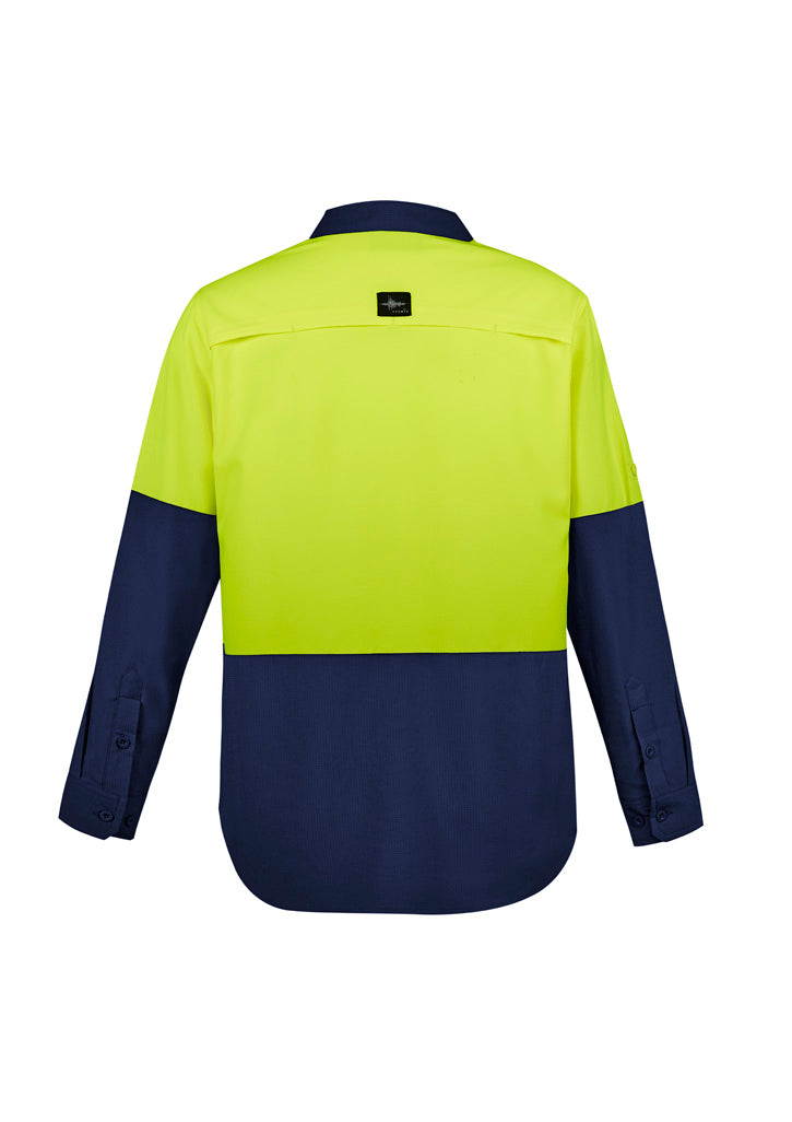 Mens Hi Vis Outdoor Long Sleeve Shirt Yellow/Navy back view