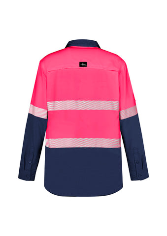 Mens Hi Vis Outdoor Segmented Tape Long Sleeve Shirt Pink/Navy back view