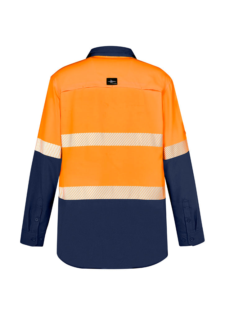 Mens Hi Vis Outdoor Segmented Tape Long Sleeve Shirt Orange/Navy back view