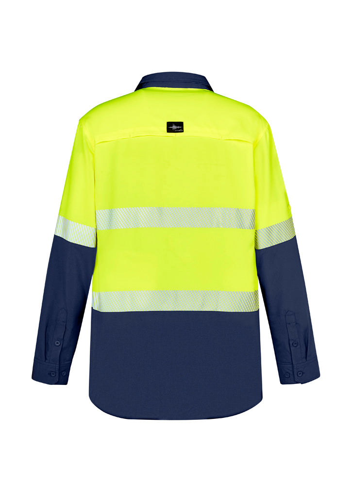 Mens Hi Vis Outdoor Segmented Tape Long Sleeve Shirt Yellow/Navy back view