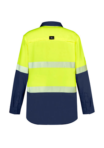 Mens Hi Vis Outdoor Segmented Tape Long Sleeve Shirt Yellow/Navy back view