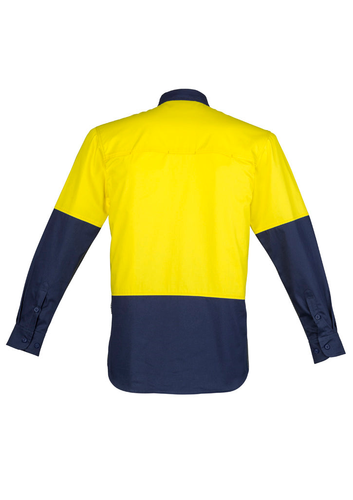 Mens Closed Front Long Sleeve Shirt Yellow/Navy back view