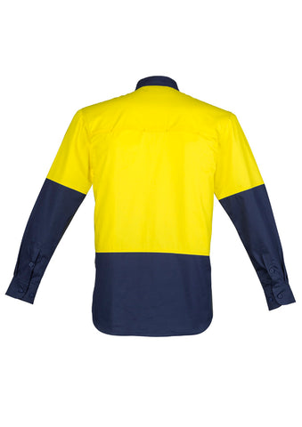 Mens Closed Front Long Sleeve Shirt Yellow/Navy back view