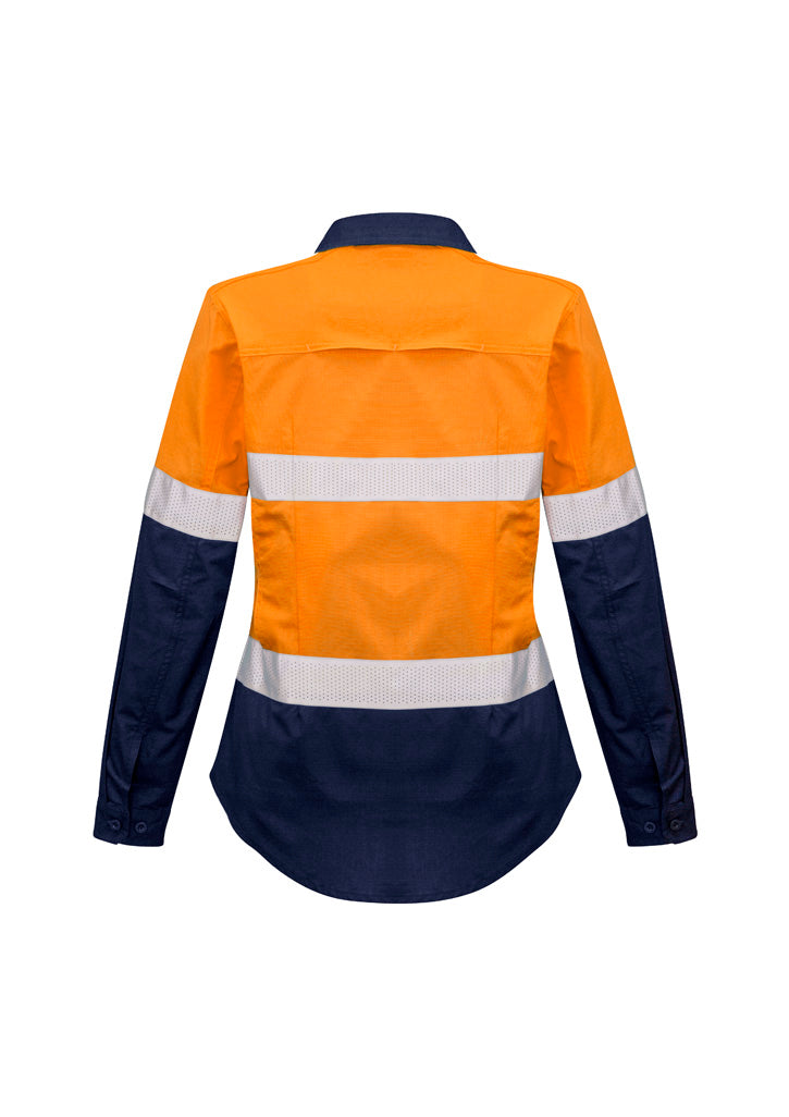 Womens Rugged Cooling Hi Vis Taped Long Sleeve Shirt Orange/Navy back view