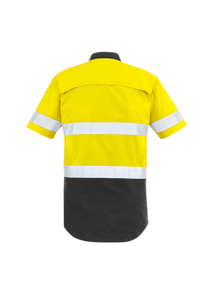 Mens Rugged Cooling Hi Vis Taped Short Sleeve Shirt Yellow/Charcoal back view