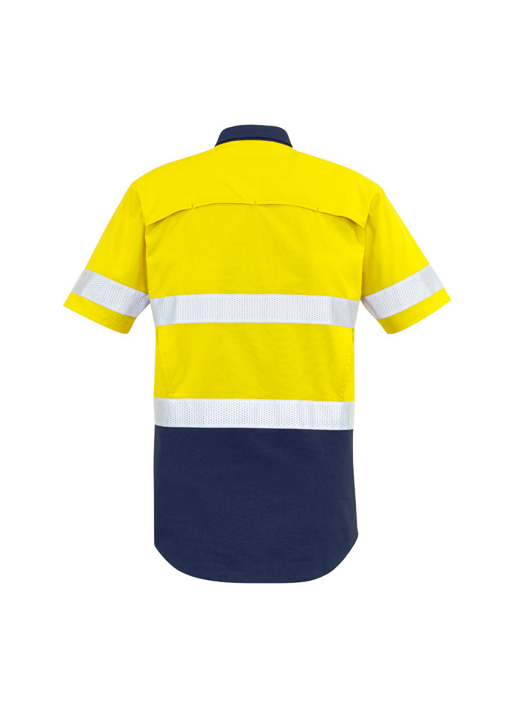 Mens Rugged Cooling Hi Vis Taped Short Sleeve Shirt Yellow/Navy back view