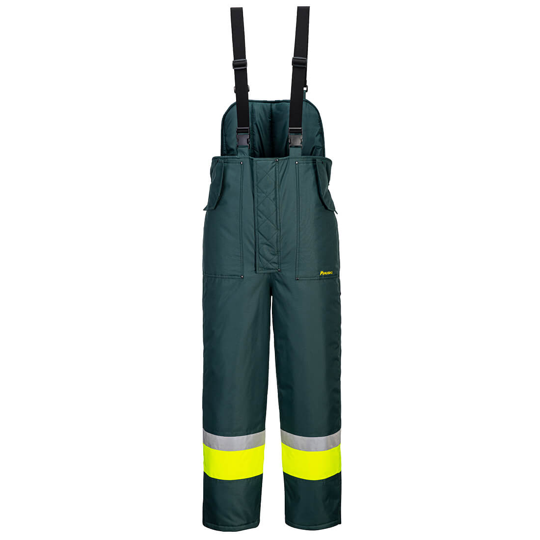 Huski Hi-Vis Contrast Freezer Bib and Brace Yellow/Forest Green